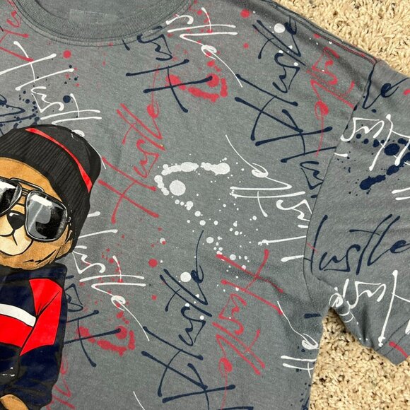 Launder by Bailey Apparel Gray Teddy Bear Shirt Paint Splatter Cool T Shirt Crew - Picture 3 of 7